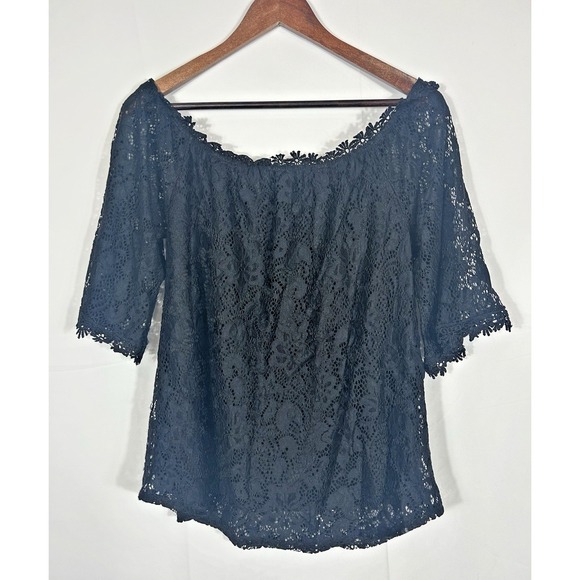 Miholl Black Crochet Lace Off Shoulder Top L Romantic Goth Coquette Whimsigoth - Picture 9 of 12